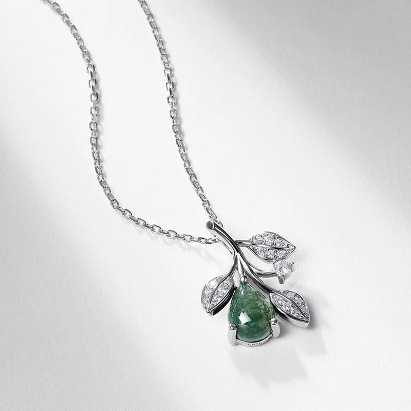 Jewelyking S925 Silver Natural Green Moss Agate Exquisite Pear Shape Charm Necklace JKNS0116