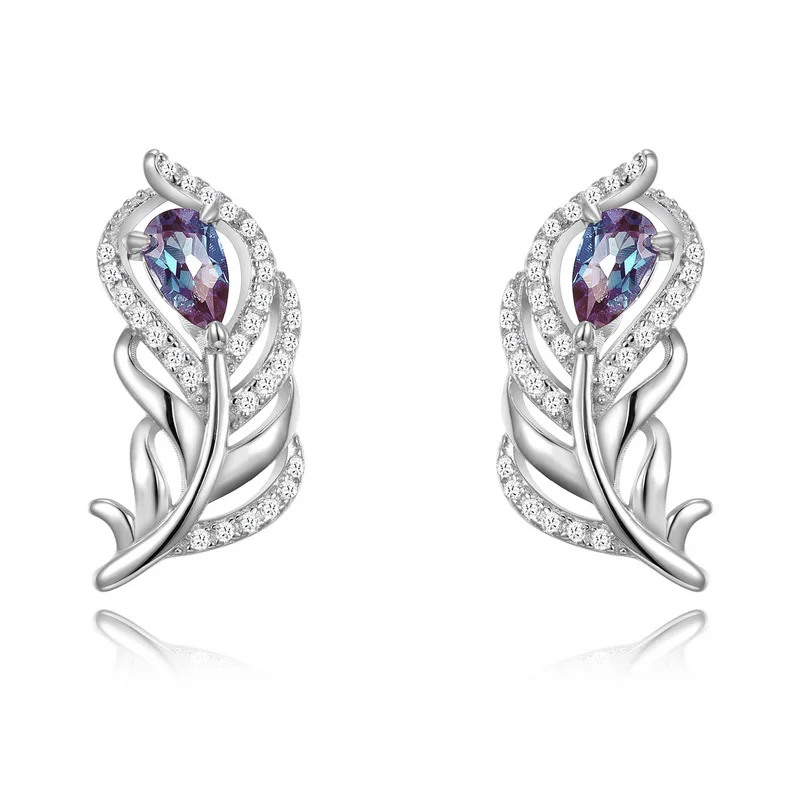 JewelyKing S925 Silver Unique French Feather Earrings Lab Grown Alexandrite  Party Wedding Earrings JNES0006