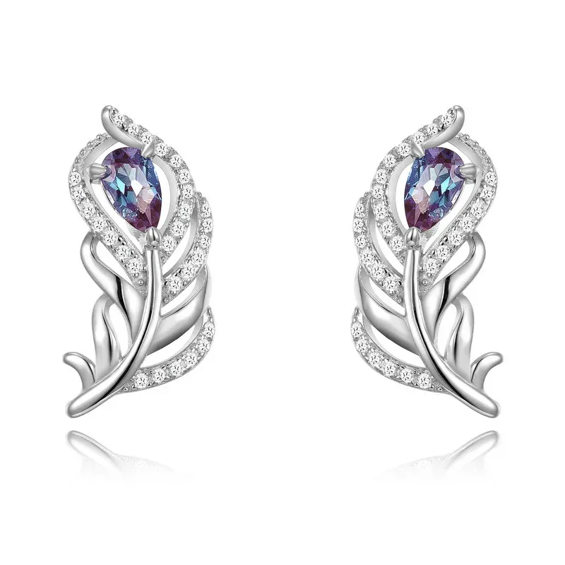 JewelyKing S925 Silver Unique French Feather Earrings Lab Grown Alexandrite Party Wedding Earrings JNES0006