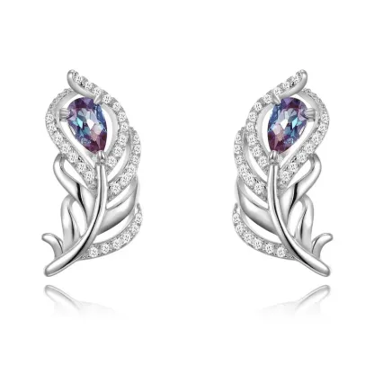 JewelyKing S925 Silver Unique French Feather Earrings Lab Grown Alexandrite  Party Wedding Earrings JNES0006
