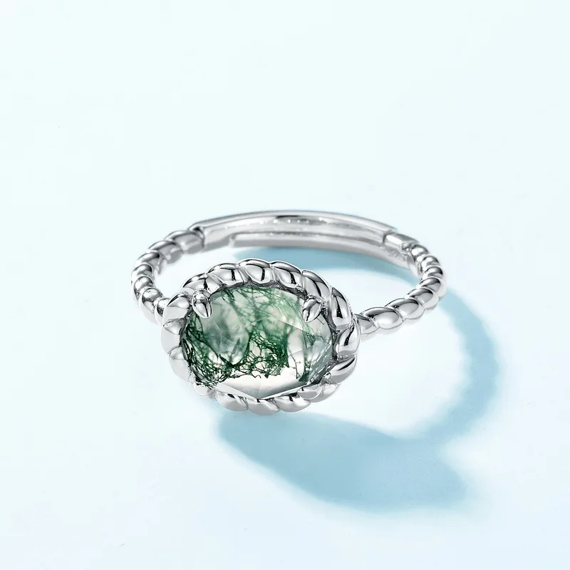Jewelyking S925 Sterling Silver Moss Agate and Diamond Natural Gemstone Engagement JKRS0119