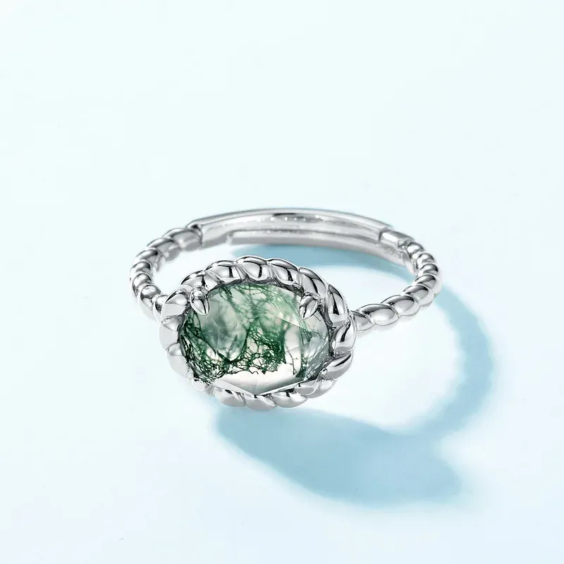 Jewelyking S925 Sterling Silver Moss Agate and Diamond Natural Gemstone Engagement JKRS0119