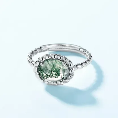 Jewelyking S925 Sterling Silver Moss Agate and Diamond Natural Gemstone Engagement JKRS0119