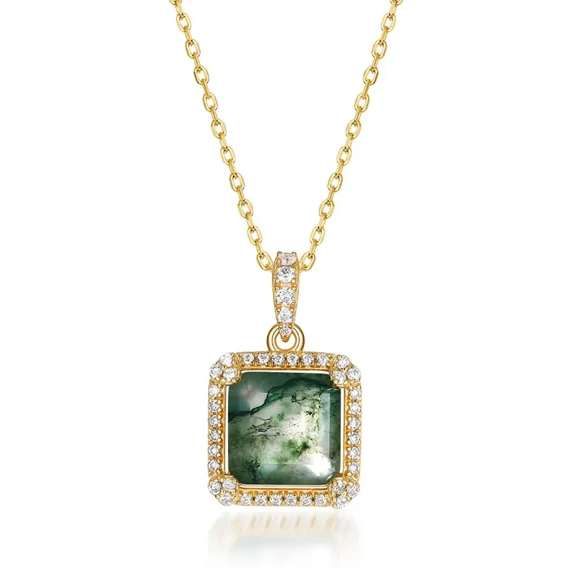 Jewelyking S925 Sterling Silver Cubic Zirconia Gemstone Jewelry Delicate Square Real Moss Agate Pendant Necklace JKNS0082