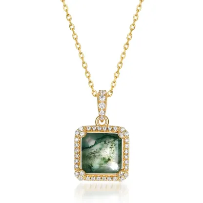 Jewelyking S925 Sterling Silver Cubic Zirconia Gemstone Jewelry Delicate Square Real Moss Agate Pendant Necklace JKNS0082