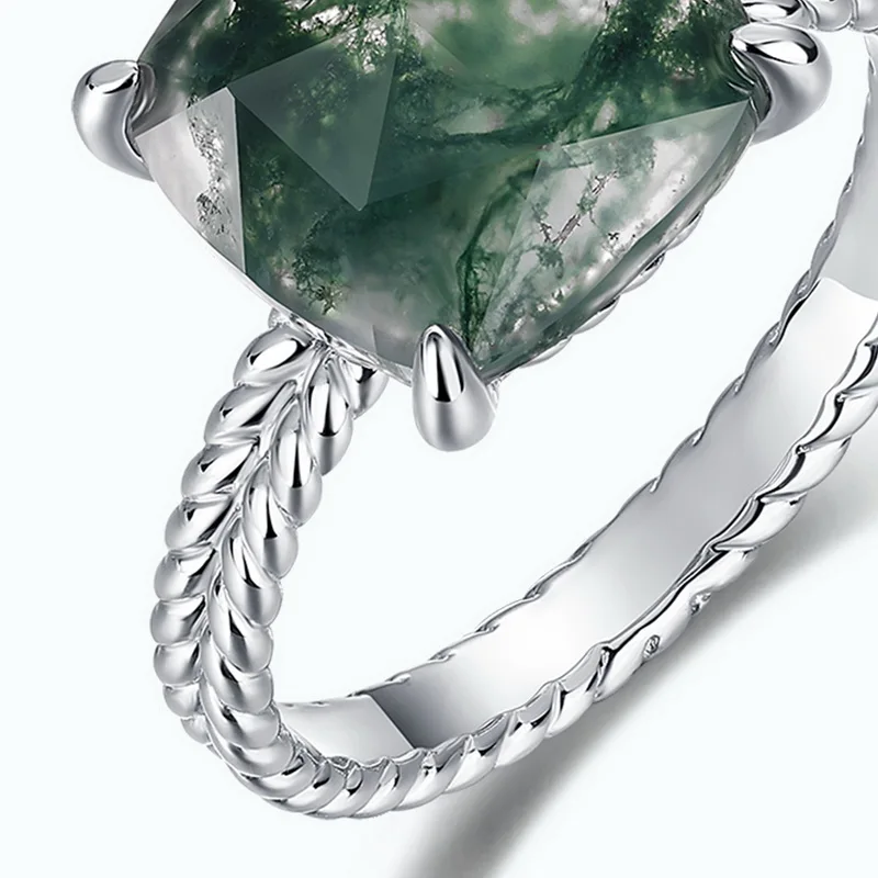 JewelyKing S925 Sterling Silver Moss Agate Square Natural Gemstone Women Engagement Ring JKRS0184