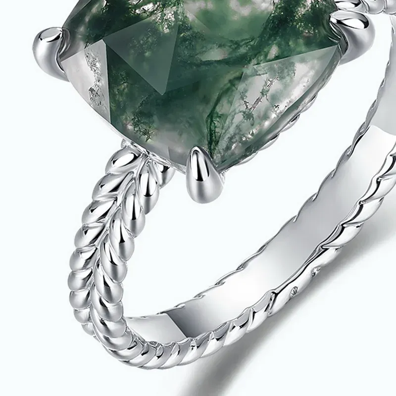 JewelyKing S925 Sterling Silver Moss Agate Square Natural Gemstone Women Engagement Ring JKRS0184