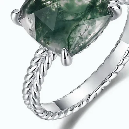 JewelyKing S925 Sterling Silver Moss Agate Square Natural Gemstone Women Engagement Ring JKRS0184