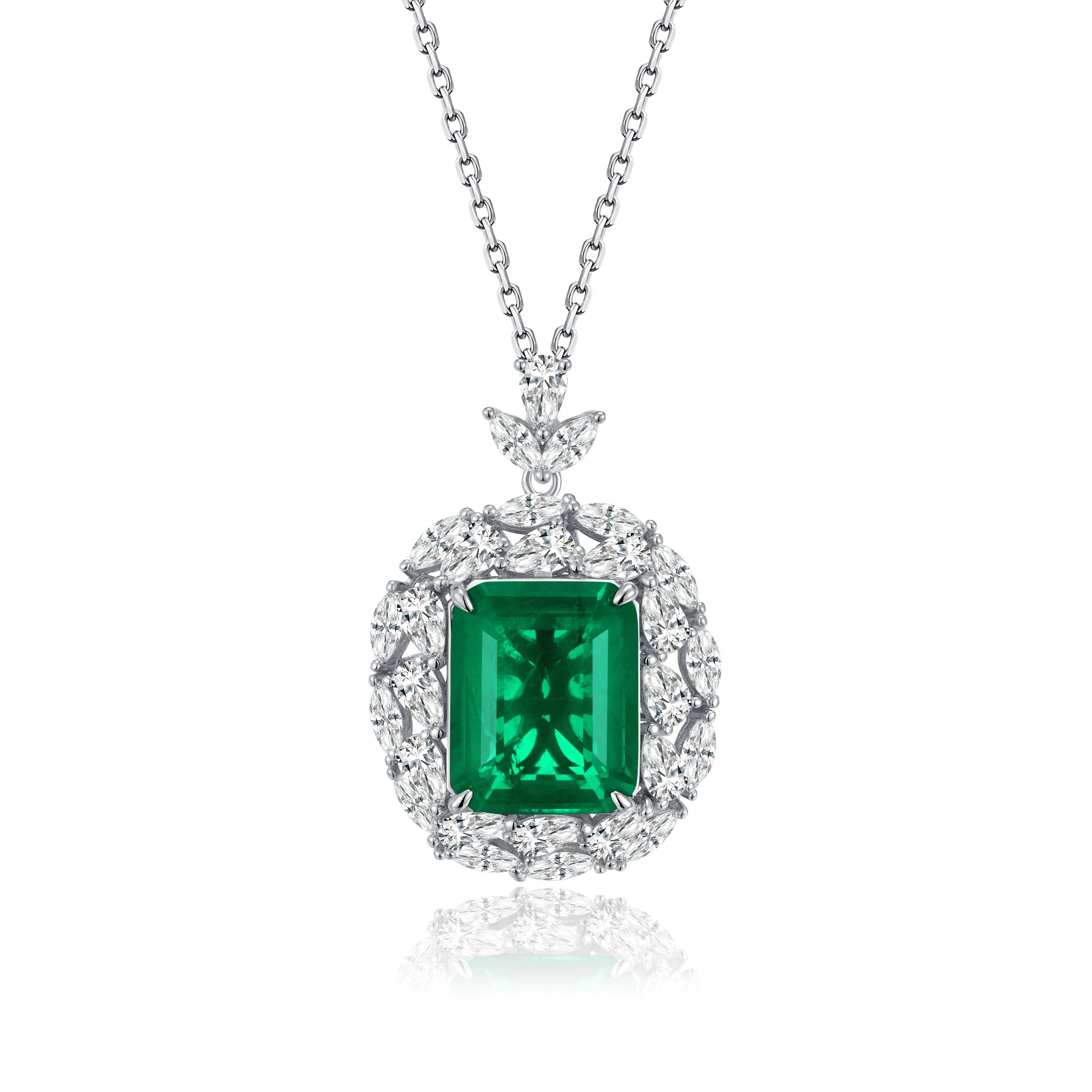 JewelyKing S925 Sterling Silver Green Emerald Cut Pendant Necklace JKNS0173
