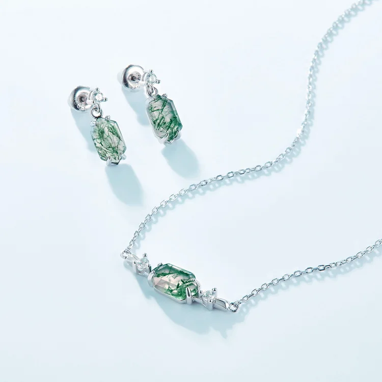 Jewelyking  S925 Sterling Silver Natural Stone Agate Bullet Sugar Green Hexagon Moss Agate Crystal Pendant Necklace JKNS0084