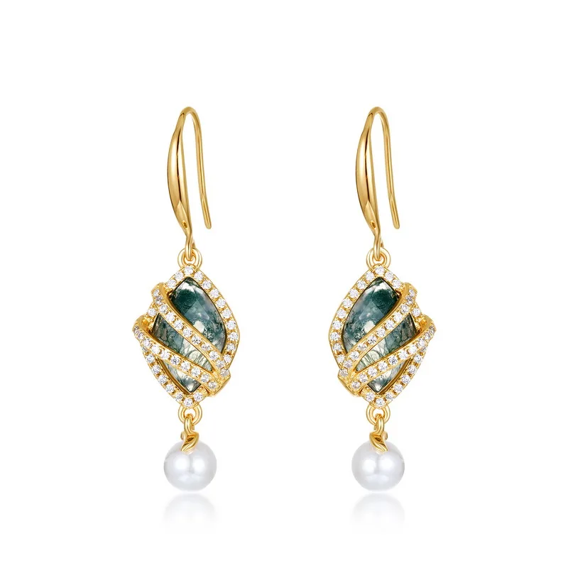 Jewelyking S925 Silver Premium Natural Green Moss Agate CZ Wrapped Pearl Drop Dangle Jewelry JKES0084