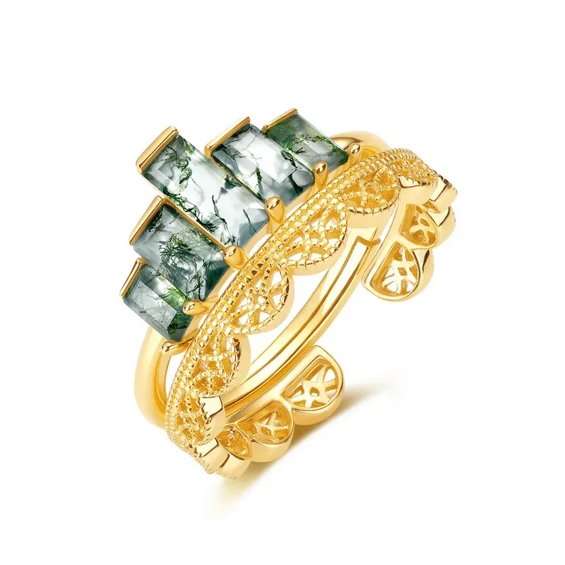 JewelyKing S925 Sterling Silver Green Moss Agate 14K Gold Plated Rectangular Cut Stackable Lace Design Ring JKRS0198