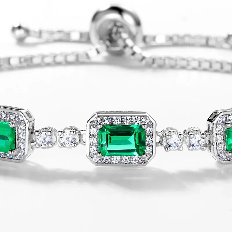 Jewelry S925 Silver Charm Adjustable Bracelets Lab Grown Emerald Stone Bracelet for WOMEN'S Gift Party