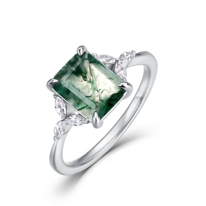 JewelyKing Emerald Cut Natural Moss Agate S925 Sterling Silver  Leaf Design Vintage Engagement Ring JKRS0136