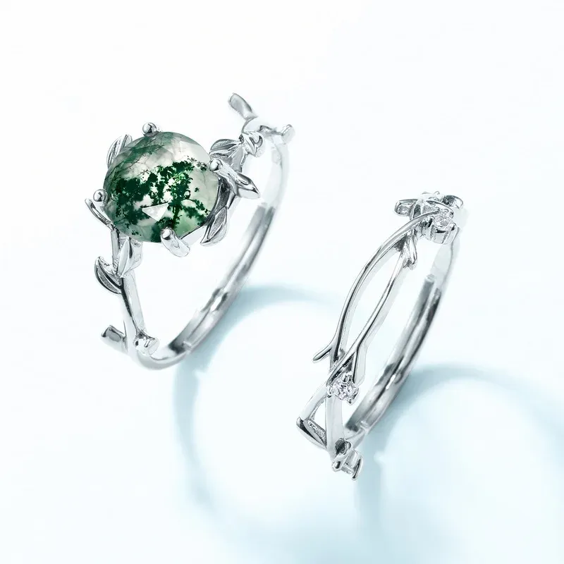 JewelyKing S925 Sterling Silver Stacking Natural Moss Agate Quartz Ocean Grass Ring JKRS0236