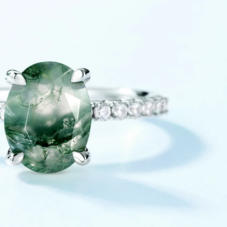 JewelyKing  CZ Diamond Oval Natural Moss Agate Ring Diamond Engagement Ring JKRS0142