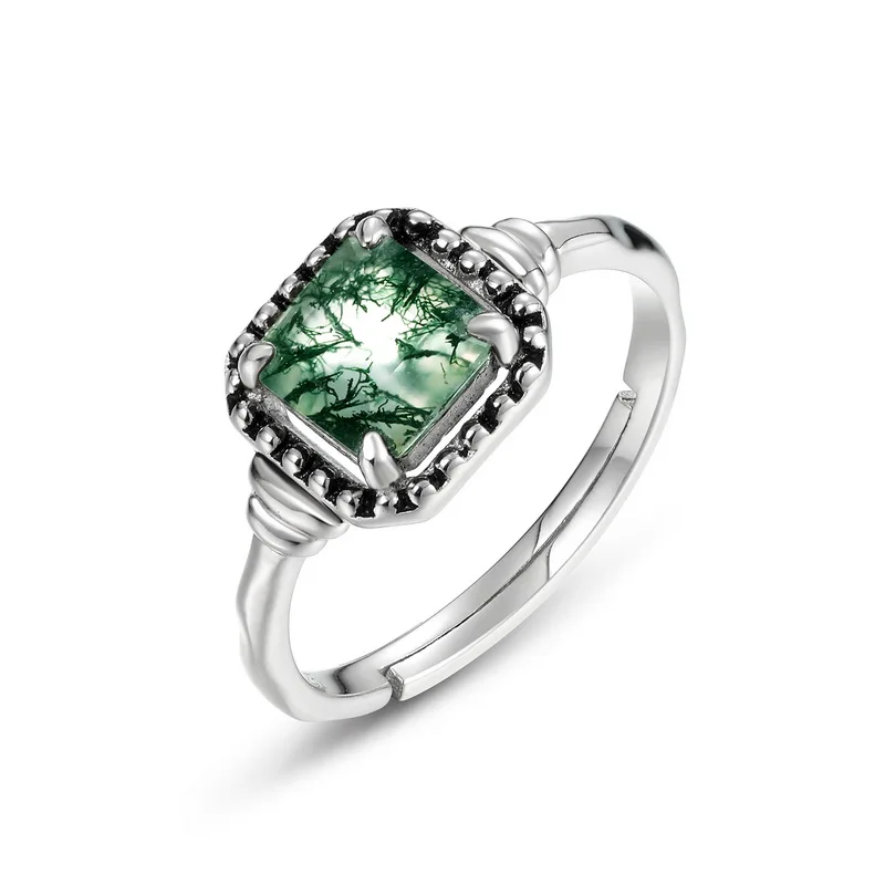 JewelyKing S925 Sterling Silver Natural Moss Agate Oval Shape Gemstone Ring JKRS0166