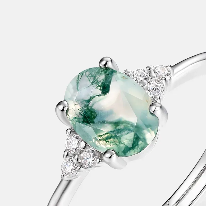 Jewelyking S925 Silver Adjustable Four Prong Setting Oval Wedding Anniversary Green Agate Ring JKRS0121