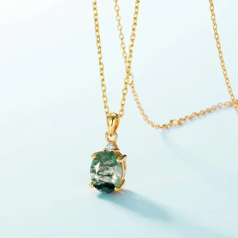 Jewelyking S925 Sterling Silver Oval Moss Agate Natural Gemstone Pendant Necklace JKNS0107