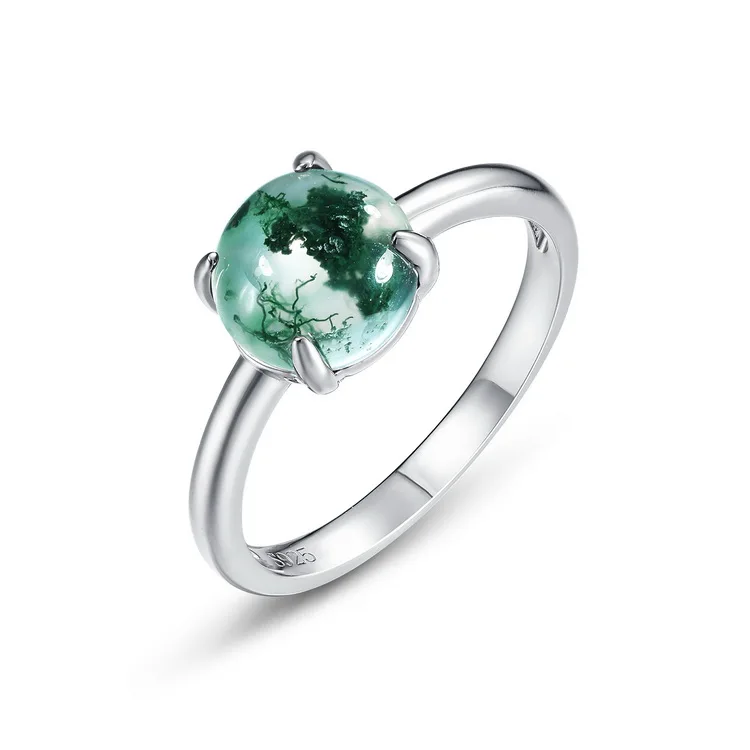 JewelyKing S925 Sterling Silver Oval Natural Green Round Shape Moss Agate Gemstone Ring JKRS0141