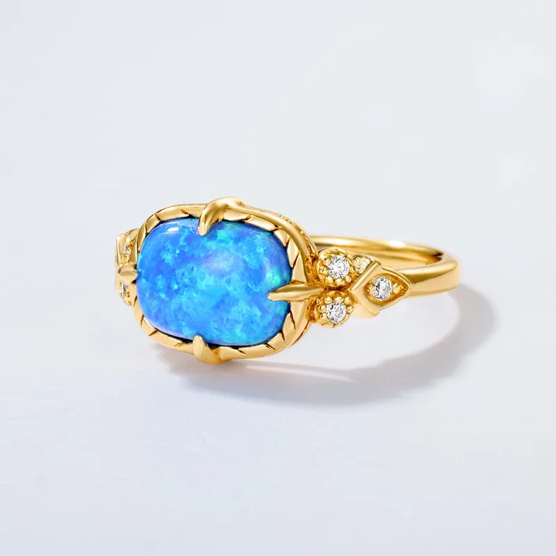 JewelyKing S925 Sterling Silver Vintage 18K Gold Plated Ring Synthetic Blue Opal Ring JKRS0267