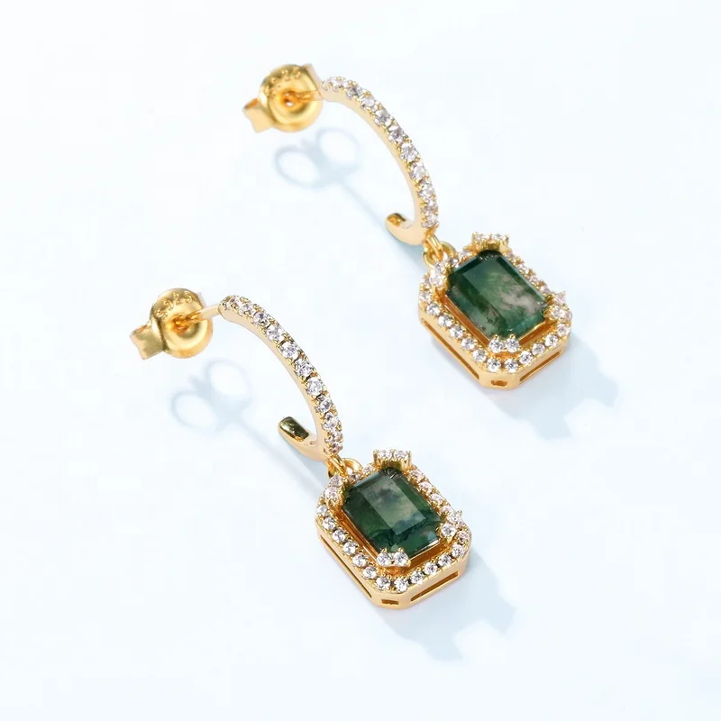 Jewelyking S925 Sterling Silver Green Gemstone Stud Earring 18K Gold Plated Rectangle Moss Agate Drop Earrings JKES0073