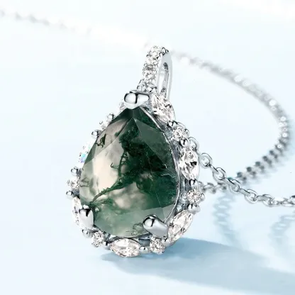 Jewelyking S925 Silver Natural Green Moss Agate Gemstone Pear Shape Pendant Necklace JKNS0109