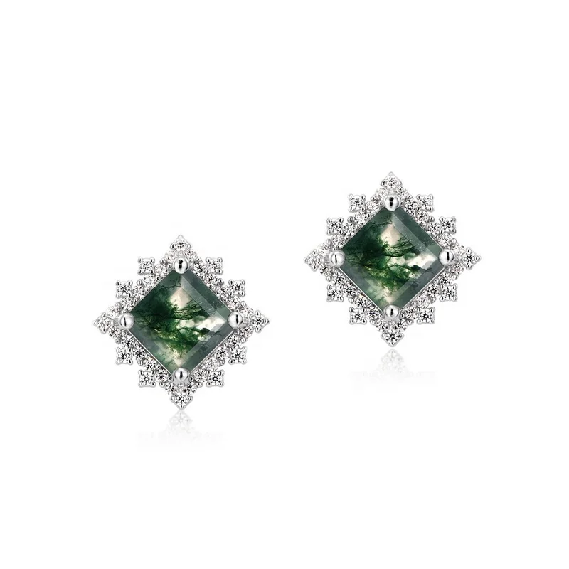 Jewelyking S925 Sterling Silver Square Shape Gemstone Simple Classic Square Moss Agate Stud Earring JKES0082