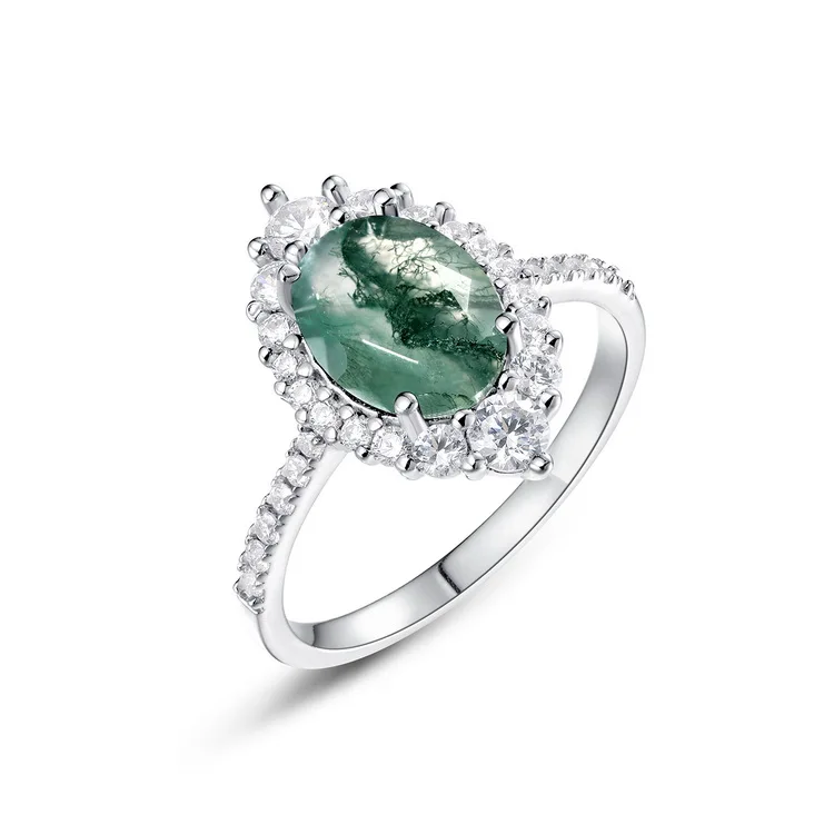 JewelyKing S925 Sterling Silver White Gold Plated New Green Moss Agate Gemstone Retro Cocktail Ring JKRS0138