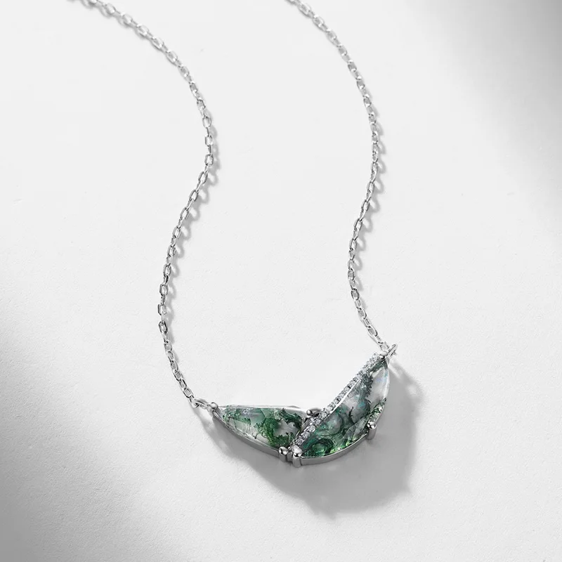 Jewelyking S925 Sterling Silver Geometric Green Moss Agate Plated Pendant Necklace JKNS0116