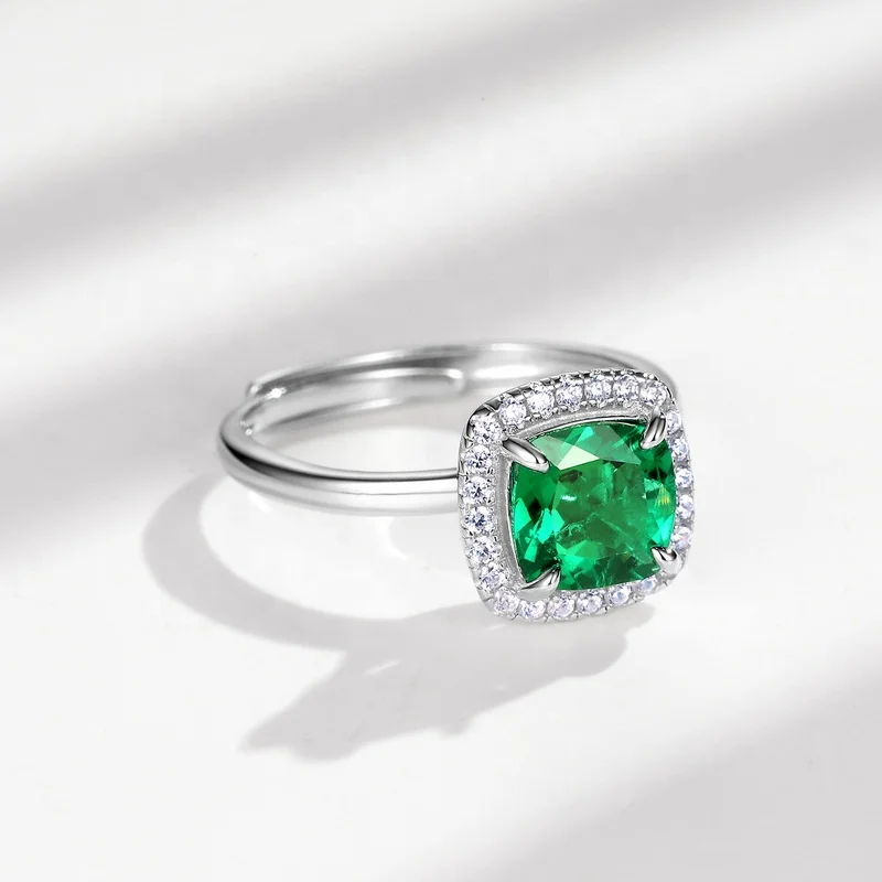 High Quality Jewelry 925 Sterling Silver Emerald Ring Cocktail Square Cut Created Green Emerald Gemstone Ring for Women