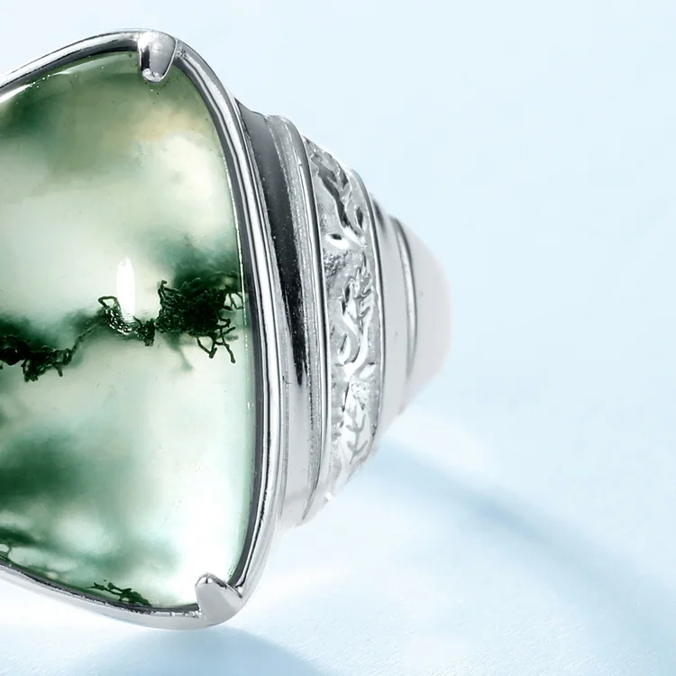 JewelyKing S925 Sterling Silver Geometric Shape Green Moss Agate Ring Vintage JKRS0223