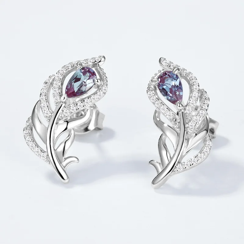 JewelyKing S925 Silver Unique French Feather Earrings Lab Grown Alexandrite  Party Wedding Earrings JNES0006