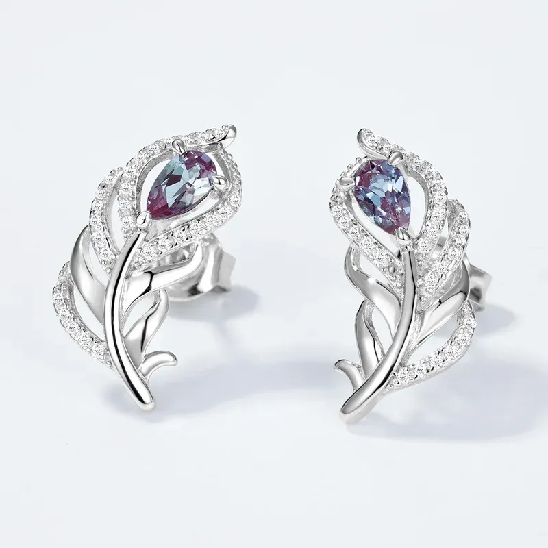 JewelyKing S925 Silver Unique French Feather Earrings Lab Grown Alexandrite  Party Wedding Earrings JNES0006