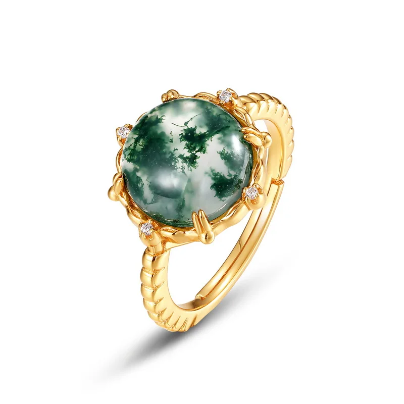 JewelyKing S925 Silver Gemstone Men Luxury Big Gemstone Natural Moss Agate Retro Ring JKRS0204