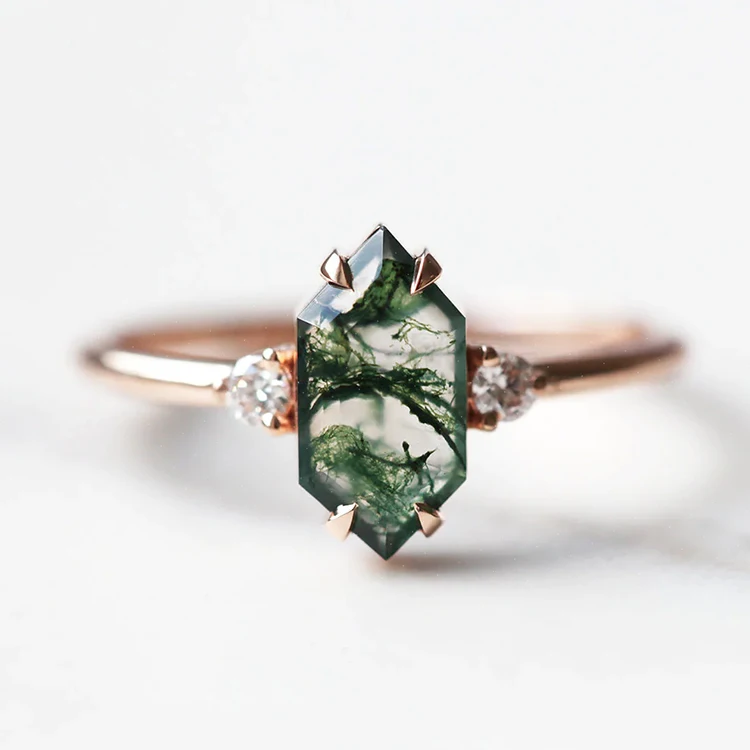 JewelyKing S925 Sterling Silver Boho Gemstone Large Moss Agate Cubic Zirconia Natural Green Moss Agate Ring JKRS0174