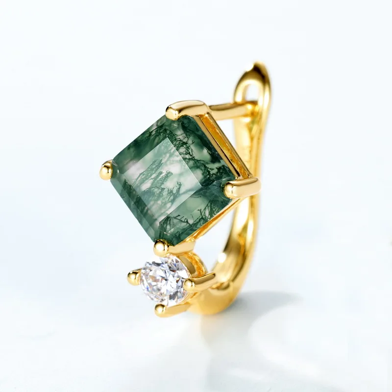 Jewelyking S925 Sterling Silver Zircon Vintage Delicate Green Moss Agate Zircon Diamond Stud Earrings JKES0091