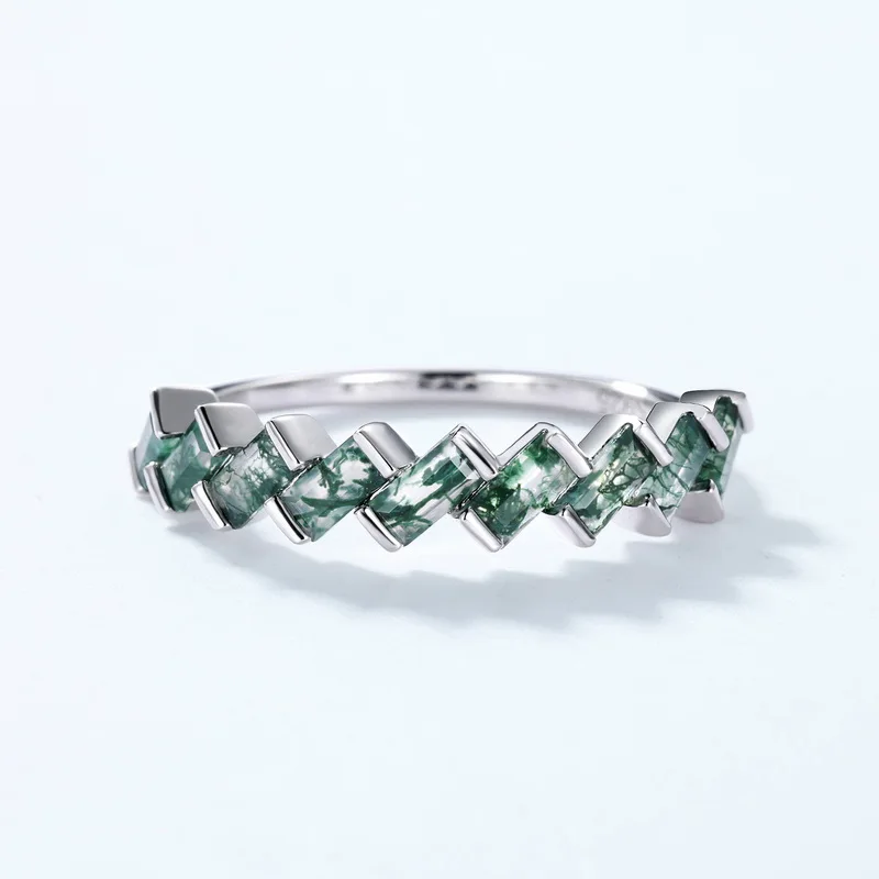 JewelyKing S925 Sterling Silver Wedding Green Moss Agate Engagement Gemstone Ring JKRS0163