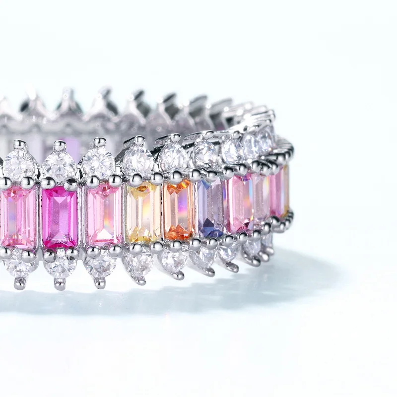 Best Selling Silver Rainbow Cubic Zirconia Anniversary Eternity Ring Multi Colors CZ Crystal Wedding Bands Rings for Women