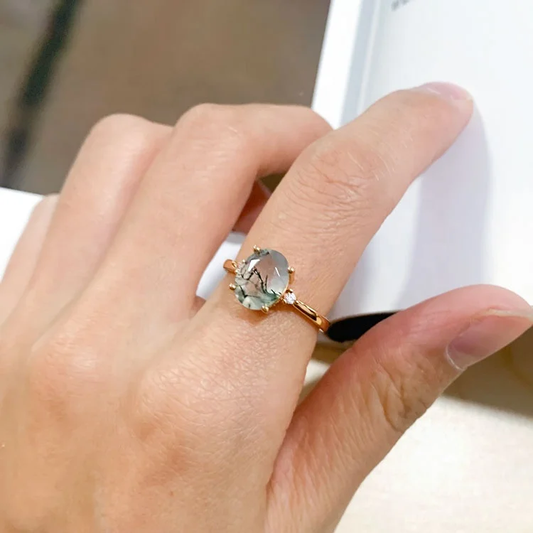 JewelyKing S925 Sterling Silver Green Crystal Adjustable Size Oval Natural Green Moss Agate Engagement Ring JKRS0233