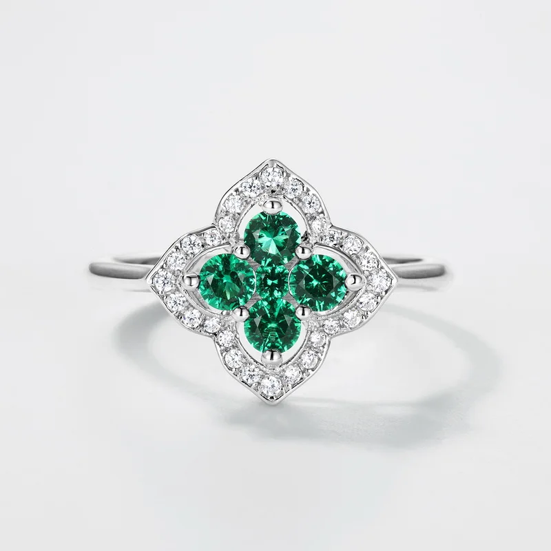 Four Leaf Clover Flower Lab Grown Emerald Premium Design for Women Silver Ring Gemstone 925