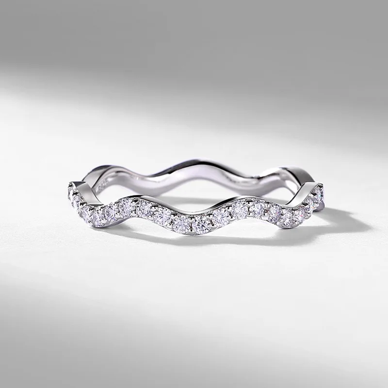 JewelyKing S925 Sterling Silver Moissanite Stackable Wavy Contour Design Pave Band Wedding Band Ring JKRS0014