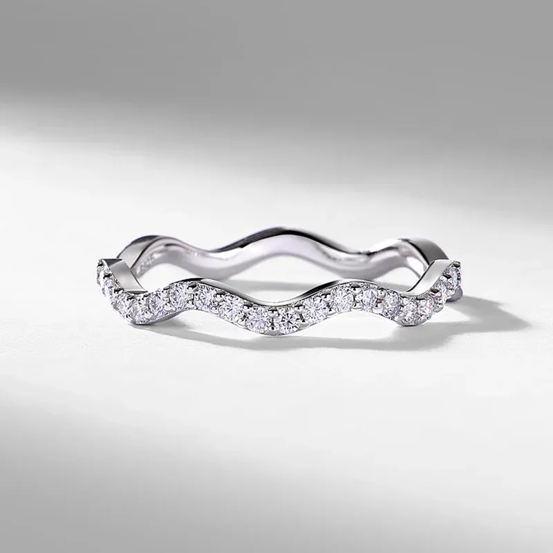 JewelyKing S925 Sterling Silver Moissanite Stackable Wavy Contour Design Pave Band Wedding Band Ring JKRS0014