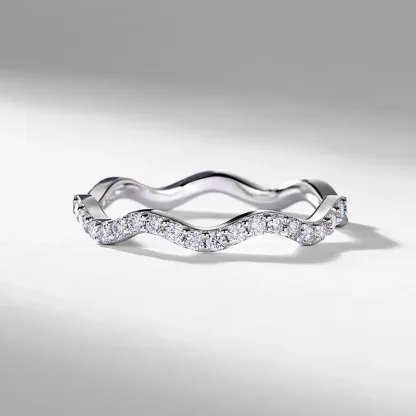 JewelyKing S925 Sterling Silver Moissanite Stackable Wavy Contour Design Pave Band Wedding Band Ring JKRS0014