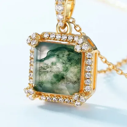 Jewelyking S925 Sterling Silver Cubic Zirconia Gemstone Jewelry Delicate Square Real Moss Agate Pendant Necklace JKNS0082