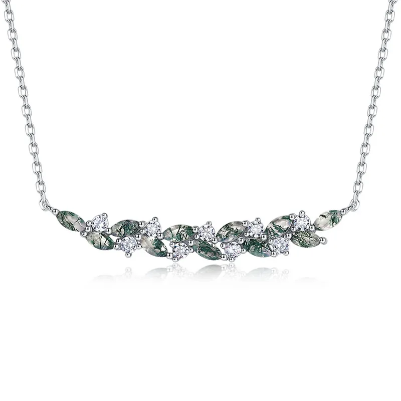 JewelyKing S925 Sterling Silver Marquise Cut Moss Agate Moissanite Accent Smile Bar Necklace JKNS0023