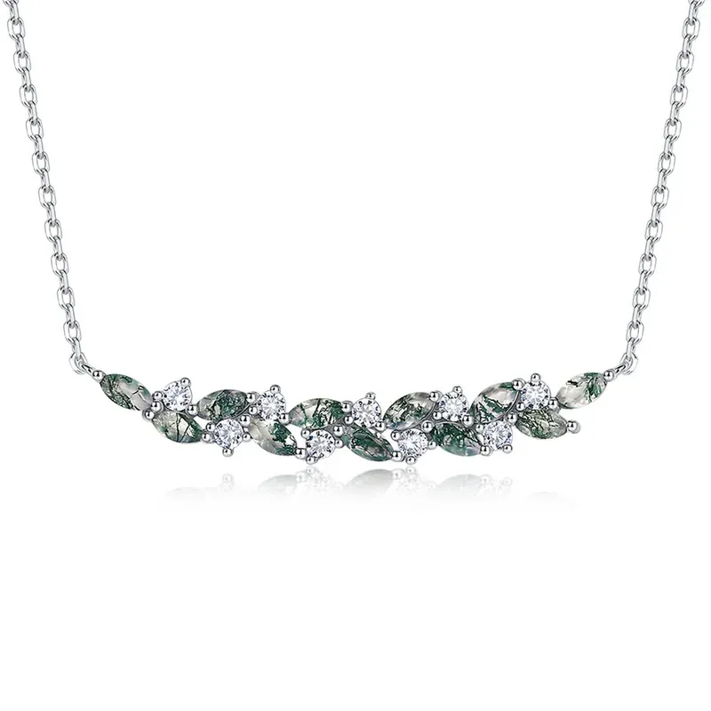 JewelyKing S925 Sterling Silver Marquise Cut Moss Agate Moissanite Accent Smile Bar Necklace JKNS0023
