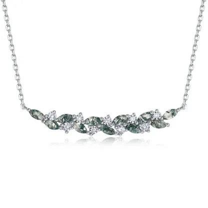 JewelyKing S925 Sterling Silver Marquise Cut Moss Agate Moissanite Accent Smile Bar Necklace JKNS0023