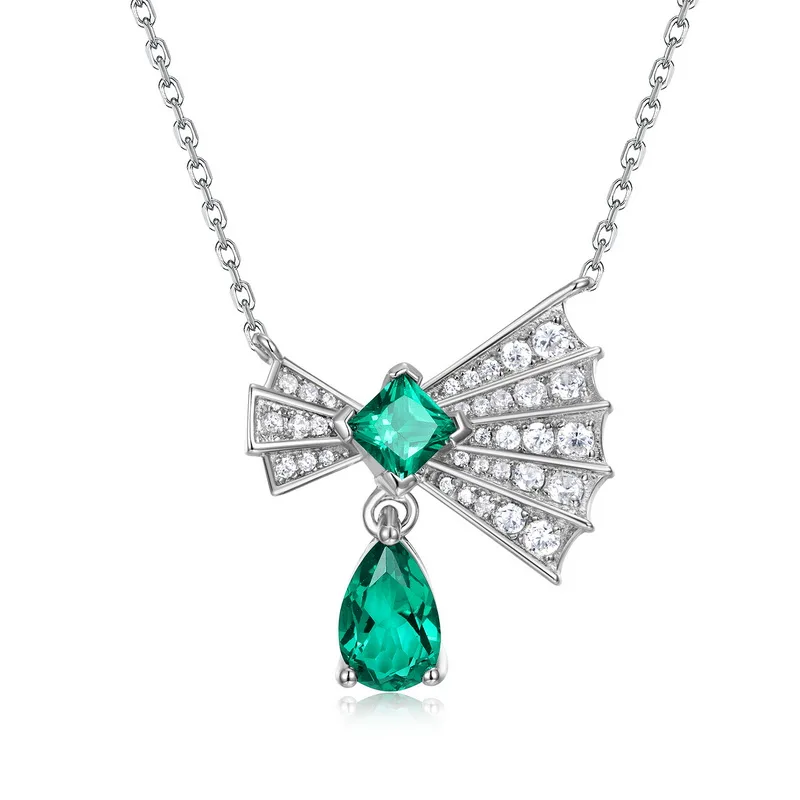 JewelyKing S925 Sterling Silver Retro High End Lab Grown Emerald Pendant Necklace JKNS0020