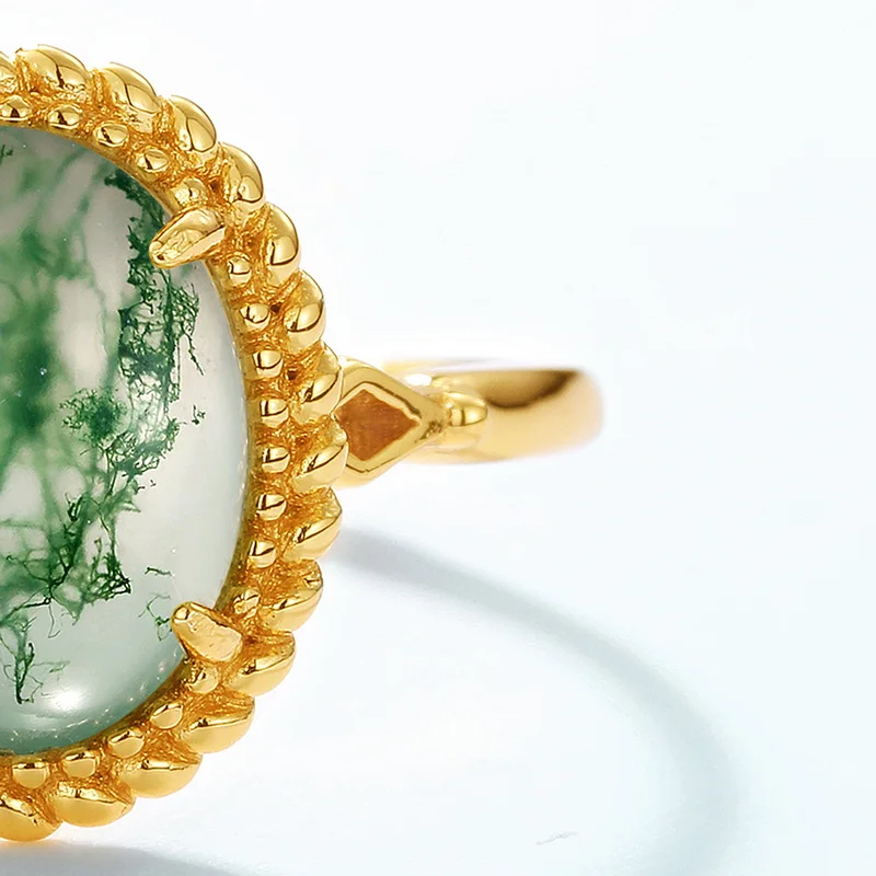 JewelyKing S925 Sterling Silver Green Moss Agate Dainty Whimsical Ring  K Gold Oval Diamond Ring JKRS0216